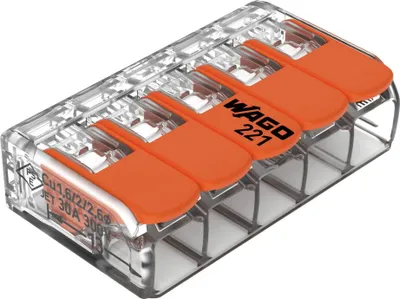 Immagine prodotto di Morsetto per scatola di derivazione Wago COMPACT a 5 poli con leve, max. 6 mm², trasparente, confezione da 15 pezzi.