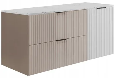 Produktbild von Rodan | Waschbeckenunterschrank Kaschmir 100 cm - Badmöbel - Tischplatte in Weißmarmoroptik - 2 Schubladen - Weißer Schrank mit 1 Tür