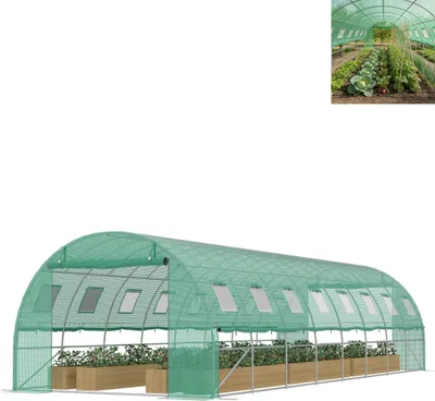 Image de Serre en film plastique XMTECH 8 x 3 x 2 m, serre en acier galvanisé, parois latérales enroulables avec moustiquaire, 16 fenêtres et 2 portes , avec piquets et cordes, vert