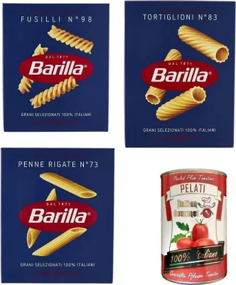Produktbild von TESTPAKET Barilla Pasta 1x Penne Rigate n°73 1x Fusilli n°98 1x Tortiglioni n°83 ( 3 x 500g ) + 1x Italian Gourmet 100% italienische geschälte Tomaten dosen 400g