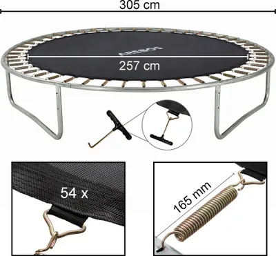 Obrázok produktu pre AREBOS podložka na skákanie na trampolíne Ø 257 cm, pre trampolíny s Ø 305 cm, 54 očiek a dĺžka pružiny 165 mm, podložka na skákanie, nosnosť 150 kg, 9-násobný šev