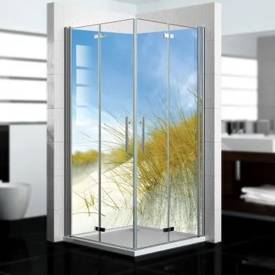 Produktbild von dedeco Eck-Duschrückwände Aluminium wasserfest Motiv: Dünengras V5, Nano-Protect seidenmatt, 2 x 80x200x0,3cm, Fliesenersatz fugenlos Wandverkleidung Wandpaneele,  Germany