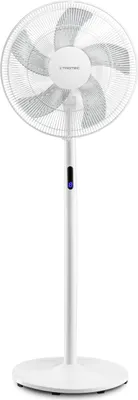 A white stand fan is shown against a white background.