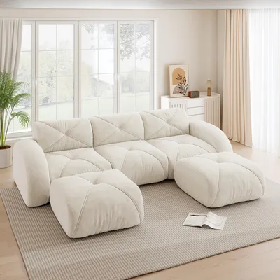 Produktbild von MODFU Dreisitzer Modulares Sofa mit Rahmenloses Design und 2 Hocker,U-förmiges Big Sofa mit Schlaffunktion,32D-Schaum,Rutschfest,Schlafsofa,Chenille,Weiß