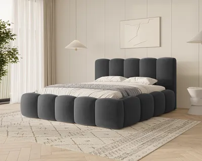 Produktbild von MOEBLO Polsterbett Bubble Bett 18 – Doppelbett Wolkenbett mit Riviera Samt-Velours, gepolstertem Kopfteil, Bettkasten, Gasfedermechanismus und Lattenrost - 180x200 cm - Anthrazit (Riviera 97)