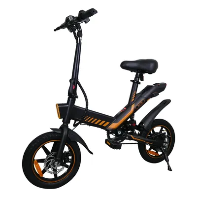 A studio shot of a black and orange folding electric bicycle against a white background.