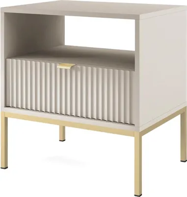 Produktbild von Nachttisch Kioto 54 cm Kaschmir Beige & Gold – Rillenfront, Goldener Griff, 1 Schublade, Glamour