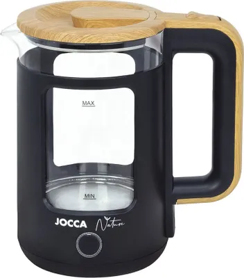 Imagen del producto de JOCCA, hervidor eléctrico de 1,8 litros, línea Nature, color blanco, base giratoria de 360°, vidrio de borosilicato, funcionamiento rápido, apagado automático, ahorro de energía, diseño moderno