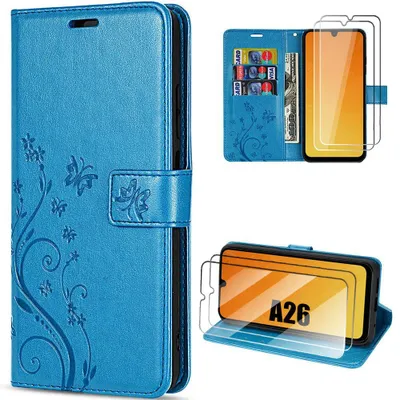 Image de Coque + 2 Verres Trempés pour Samsung Galaxy A26 5G, Protection Cuir Synthétique Antichoc Bleu Motif Papillon Fleurs