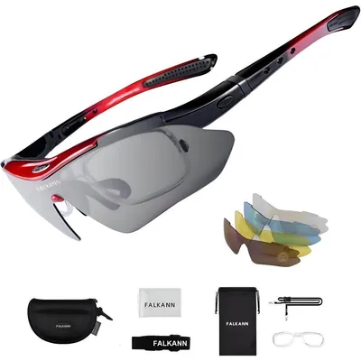Produktbild von Falkann Basics Fahrradbrille Set Rot – Sportbrille mit 5 Wechselgläsern inkl. polarisierter Linse – UV400 Radbrille für Damen & Herren – inkl. Zubehör