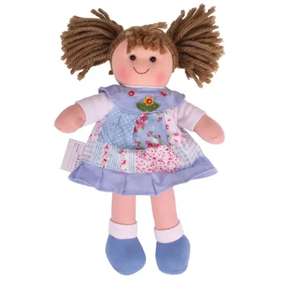 Produktbild von BigJigs Puppe Sarah - Stoffpuppe blaues Patchwork-Kleid