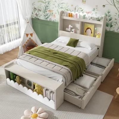 Produktbild von Kinderbett 90x190cm mit Stauraum, 2 Schubladen, Regal und Sitzbank, Holzbett weiß mit Eichefarben, Bettgestell mit Lattenrost