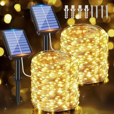 Solar-Lichterkette 2x15m, 150 LEDs, IP65, Kupferdraht, warmweiß