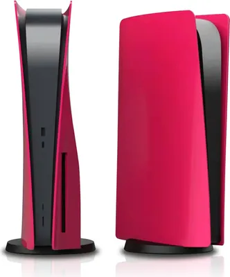 Two views of a pink and black PlayStation 5 disc version console with protective covers.