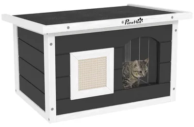 Productafbeelding van PawHut kattenhuis, buitenkattenhol van hout, met krabmat en deur, grijs