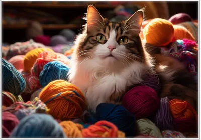 Produktbild von Wallario Wandbild Katze in einem Berg von Wollknäuel, Größe: 70,30 x 100,30 cm, Poster mit weißem Kunststoffrahmen