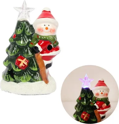 Zdjęcie produktu dla Świąteczny Lampion LED w kształcie Bałwana z Choinką - Ceramiczna Ozdoba
