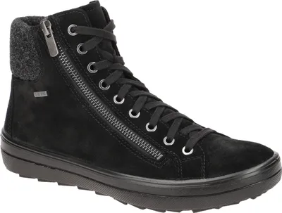 A black high-top sneaker with a zipper and laces.