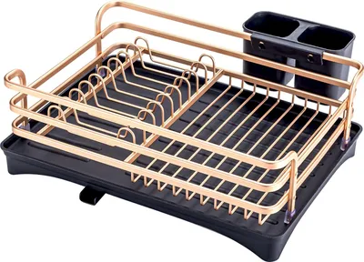 Image de Rack à vaisselle en alliage d'aluminium avec orifice d'égouttage Rack pour vaisselle Rack pour évier de cuisine Étagère de séchage Porte-bol Porte-outils Boîte de rangement Rack d'égouttage avec support pour baguettes Noir doré