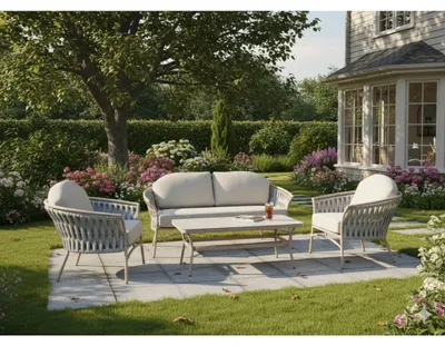 Produktbild von Gartenmöbel-Set für 4 Personen aus beigem Aluminium mit Schnur und einem Couchtisch – ROTINIA