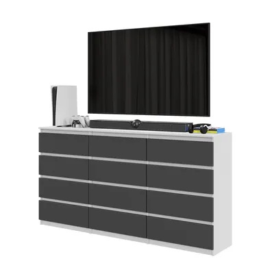 Obrázok produktu pre Veľká TV skrinka / komoda GABRIEL s 12 zásuvkami – 180 cm – biela matná / antracitová – moderná komoda do obývacej izby – sada