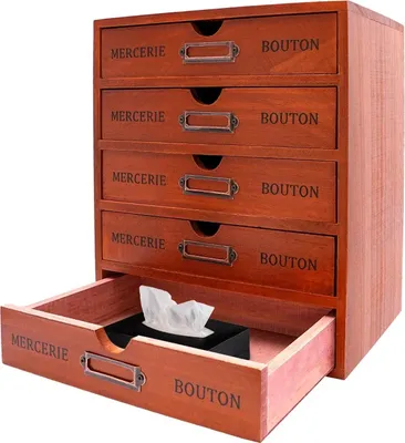 Obrázok produktu pre Organizér na písací stôl z dreva – úložná zásuvková skrinka s 5 zásuvkami – retro štýl – borovicové drevo – s priehradkami na štítky – hnedý