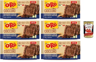 Produktbild von Oro Saiwa Cioccoro, Vollkorn-Kakao-Shortbread kekse mit Schokoladenstückchen und Haferflocken, Ballaststoffquelle, cookies mit 100% italienischer Weizen, 6x 300 g + Italian Gourmet polpa 400g