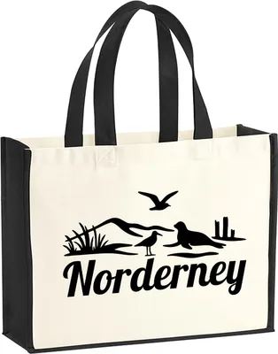 Produktbild von Huuraa Jutetasche Norderney Strandmotiv 21 Liter Black Jute und Baumwolle Einkaufstasche Geschenkidee