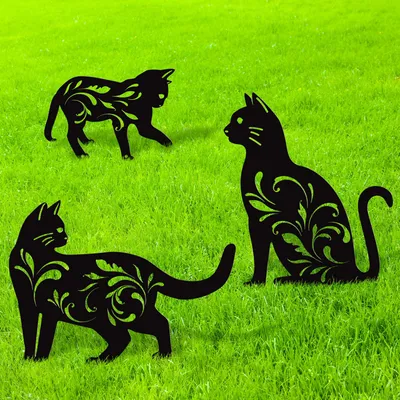 Image de Figurines de jardin représentant un chat noir, lot de 3, en métal, décorations pour jardin et pelouse