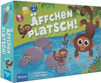 A board game box featuring cartoon monkeys and hippos in water.