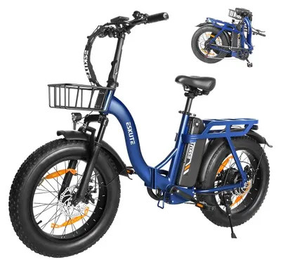 Immagine prodotto di Bicicletta elettrica D202 - E-bike pieghevole con telaio ribassato, 250 W, 48 V - Pneumatici larghi da 20 pollici (50 cm) - Velocità massima 25 km/h - Cestino e portapacchi - Blu