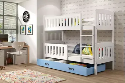 Obrázek produktu pro Dětská patrová postel s úložným prostorem s matracemi 90x200 BRIGID - bílá / modrá