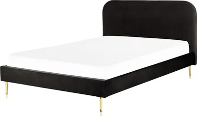 Obrázok produktu pre BELIANI Posteľ čierna čalúnená zamatová 160 x 200 cm čalúnené čelo zlaté nohy lamelový rošt minimalistický dizajn