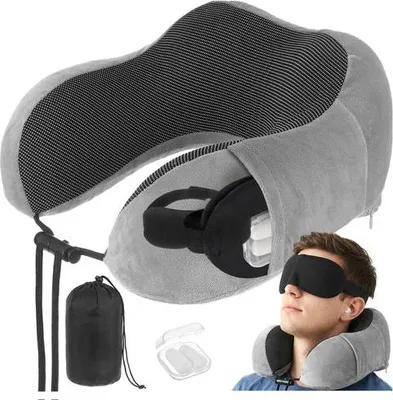 Produktbild von 3D-Reisekissen aus Memory-Schaum mit Ohrstöpseln und Nackenstütze