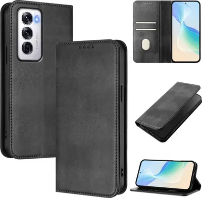Immagine prodotto di Custodia per Oppo Reno12, custodia in pelle vintage con protezione RFID, slot per carte, supporto Nero