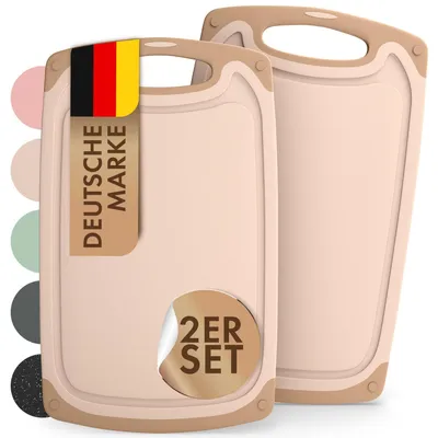 Produktbild von Großes Kunststoff-Schneidebrett 40 x 24,5 cm, 2er-Set – Schneidebretter mit Saftrille und Griff – BPA-freies Schneidebrett – Schneidebretter und Schneidematten – Großes beiges Camping-Schneidebrett
