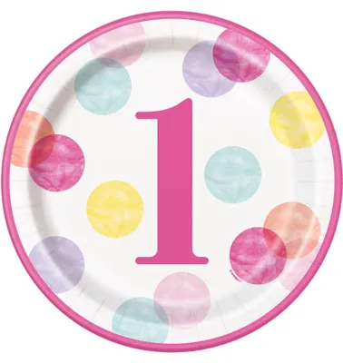 Produktbild von 8 Geburtstagsteller 1. Geburtstag Rosa + Weiß 23cm Punkte - Einheitsgröße