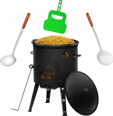 Produktbild von Ø44 Uchag 2mm Stahl 16L Kazan Gusseisen WOK Kasan Utschak Feuerstelle Utschag Campingofen Feldküche Außenküche Eintopfofen mit Schaumkelle Suppenkelle Grillfächer