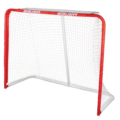 A hockey goal net on a white background.