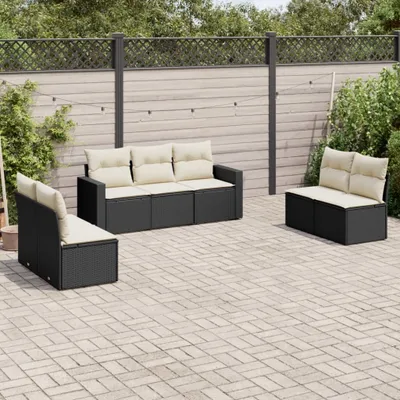 Produktbild von Design 7-tlg. Garten-Sofagarnitur mit Kissen Schwarz Poly Rattan, Gartenmöbel-Sets 2024 Neu