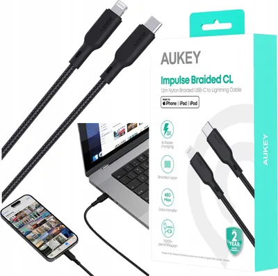 Zdjęcie produktu dla Kabel do ładowania AUKEY USB-C / Lightning 1.2m czarny MFi 1,2m Pleciony