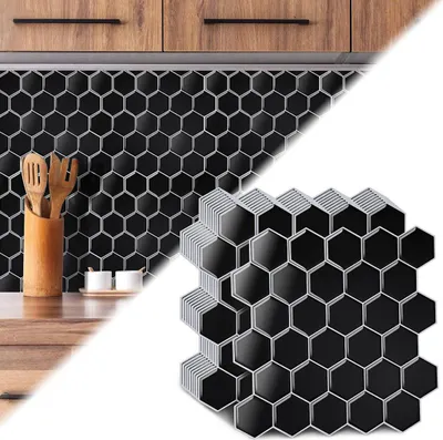 Productafbeelding van Vigevee Zwarte, zeshoekige tegelstickers, 30 x 30 cm – Set van 10, waterdichte wandstickers voor keuken en badkamer