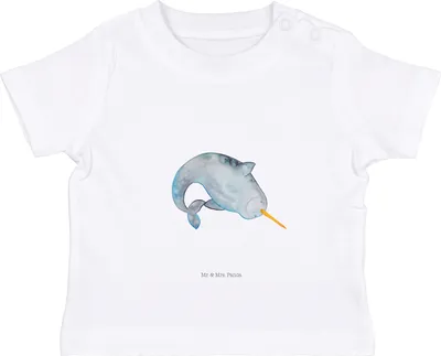 Produktbild von Mr. & Mrs. Panda Organic Baby Shirt Narwal 12. - 18. Monat - Weiß - Geschenk, , Hausfrau, Öko T-Shirt, Wal, Aufräumen, Meer, Kinderzimmer, Babyshirt, Putzen