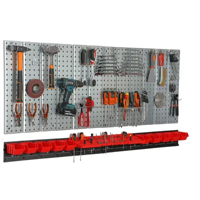 Obrázek produktu pro Deska na nářadí 156x72 cm Kovový úložný systém s držáky na nářadí Háčky na nářadí a 10 stohovacích boxů 80 x 115 x 60 mm Barva: červená Deska na kolíky Dílna Garáž Deska na kolíky Elektrické nářadí Deska na kolíky