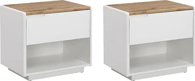 Produktbild von 2er-Set Nachttische mit 1 Schublade & 1 Ablage - MDF - Weiß lackiert & Eichefarben - AMANI