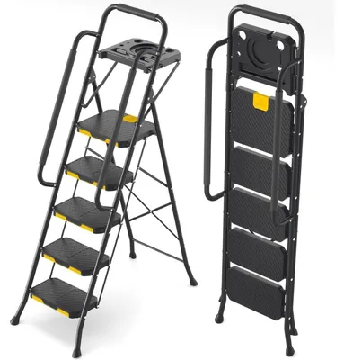 Produktbild von Klapptritt 5 Stufen mit Werkzeugplattform und Handläufen, Stahl, bis 360 kg belastbar