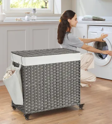 Produktbild von SONGMICS Wäschekorb, 140 L, mit Deckel, 3 Fächer, Wäschesack herausnehmbar