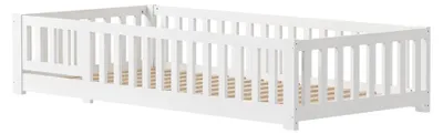 Produktbild von Montessori Bodenbett - Einzelbett 120x200 cm - Kiefernholz - mit Rausfallschutz und Lattenrost - Kinderbett Jugendbett - weiß