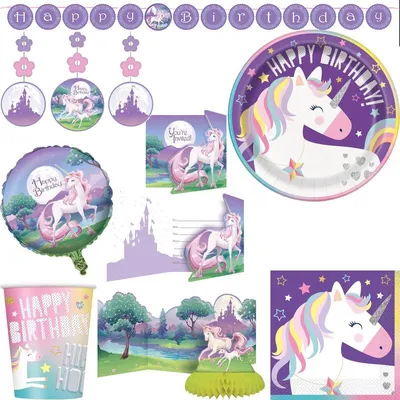 Produktbild von Geburtstag Party Set Einhorn lila Teller Becher Servietten Kindergeburtstag