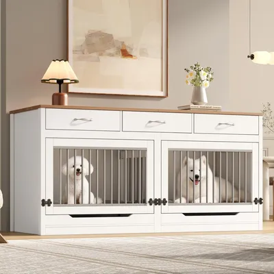 Produktbild von Hundekäfig Weiß/Holzoptik 164x60x81 cm mit Klappdeckel, 3 Schubladen, abnehmbarer Trennwand, stabiler Möbel-Hundebox